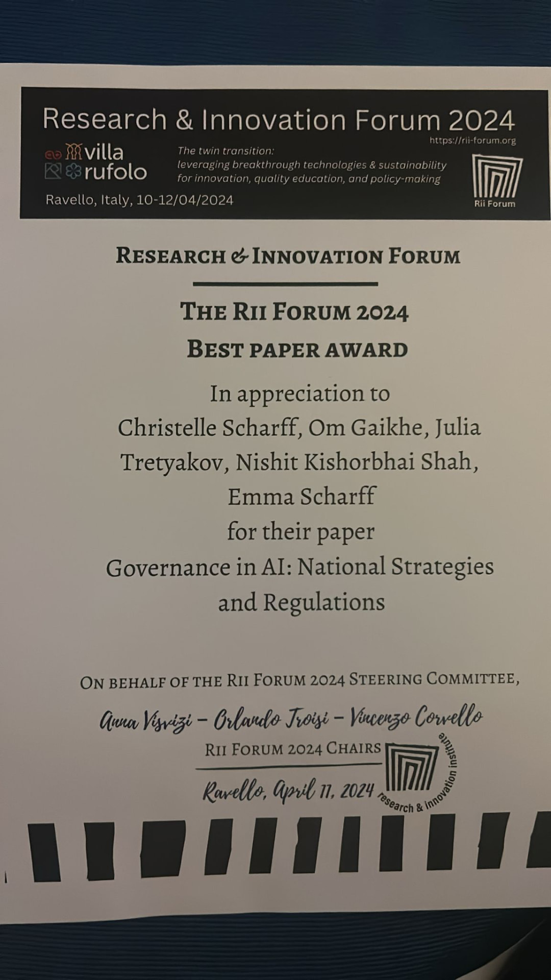 Research and Innovation Forum best paper award certificate